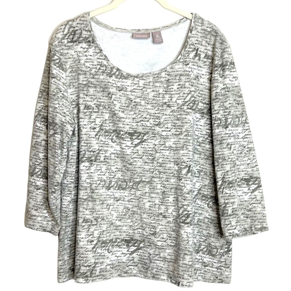 Chicos Womens Tee Large Gray White All Over Text Happiness Hope Peace Love